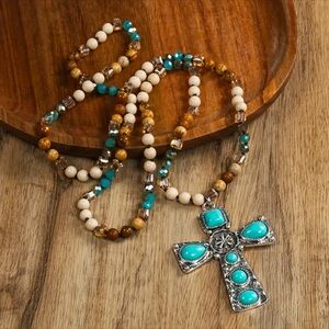 Beautiful Boho Beaded Turquoise & Silver Cross Necklace!